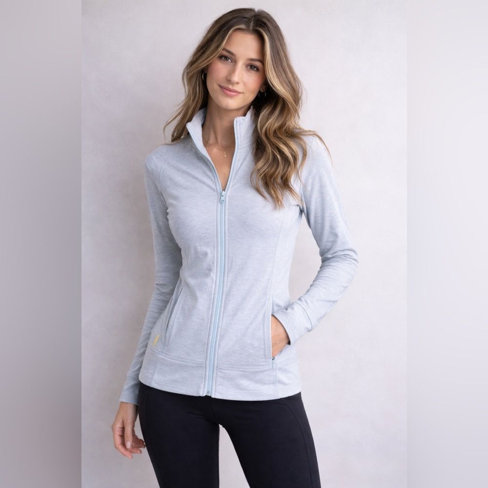 LOLE Lolë LIGHT GRAY HIGH NECK FULL ZIP POCKETS FITTED JACKET SIZE XS